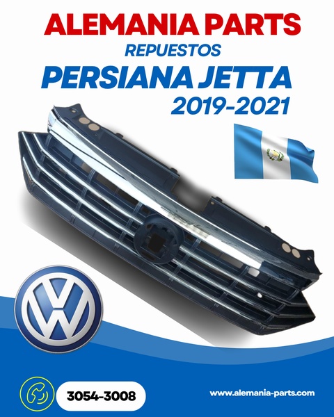 This ad creative features a clear, isolated product shot of a Volkswagen Jetta grille, displaying key model years and contact information for the retailer.
