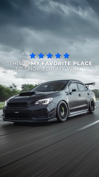 A high-contrast, moody shot of a modified performance sedan on the road, centered with a prominent 5-star rating and a direct customer testimonial.