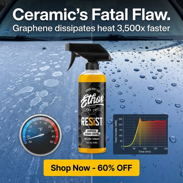 A split-screen educational ad comparing heat dissipation in car care coatings, featuring a graphene product versus traditional ceramic options.