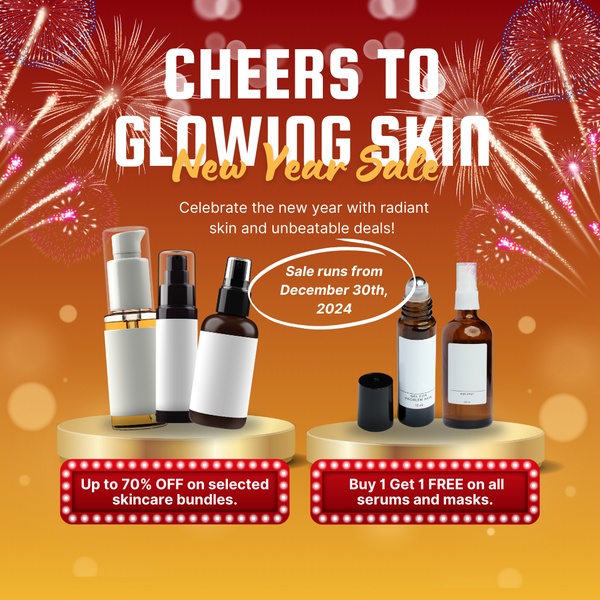 skincare, face serum, moisturizer, beauty products, skin care set, facial products, cosmetics, sale promotion, bundle offer, minimalist, energetic, luxurious, red, gold, new year