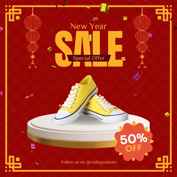 A festive 1:1 social media ad promoting a 50% discount on yellow canvas sneakers using a minimalist product spotlight.