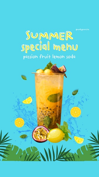 A vibrant 9:16 vertical creative featuring a refreshing passion fruit lemon soda, highlighted by fresh fruit elements and splash effects.
