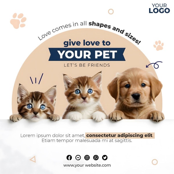 This creative utilizes high-quality photography of a kitten, a cat, and a puppy positioned behind a white banner to create an immediate emotional connection.