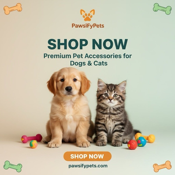 A high-clarity 1:1 square ad featuring a puppy and kitten side-by-side to establish immediate emotional connection with pet owners.