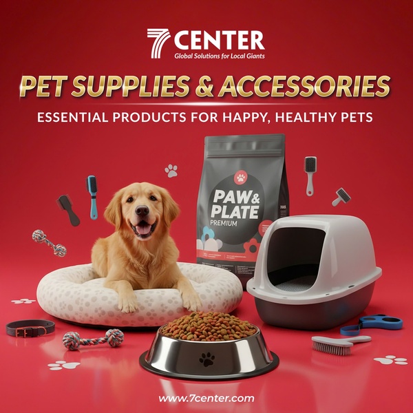 A clean, studio-lit display featuring a happy dog with various feeding and grooming accessories on a bold red background.