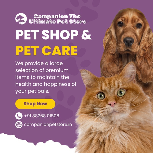 A square-format static ad featuring a dog and cat alongside clear store branding, a value proposition, and a direct call to action.