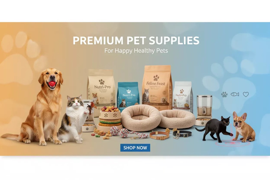A high-quality, professional display featuring a variety of pet food, feeders, and accessories arranged for maximum brand clarity.