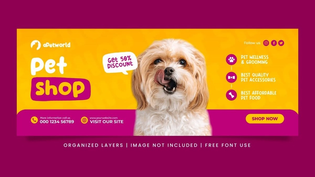 A horizontal 16:9 banner for a pet shop featuring a prominent dog image, a clear 50% discount offer, and structured service highlights.