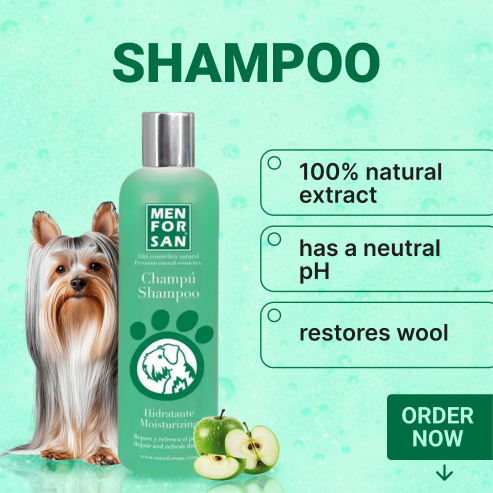 A clean, square-format ad creative for pet shampoo that highlights natural ingredients, pH levels, and fur restorative properties using a clear bulleted list.