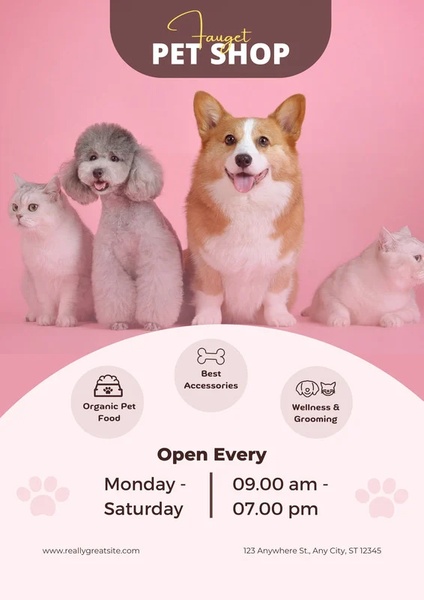 A clean, visually organized advertisement for a pet shop featuring a selection of animals against a soft pink backdrop, highlighting available services and store hours.
