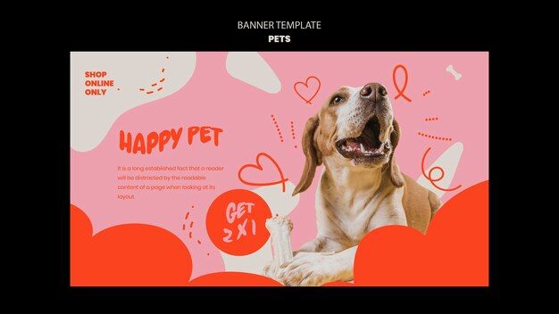 A horizontal, pink-themed banner featuring a dog with a toy, highlighting a 2x1 promotional offer to drive store traffic.
