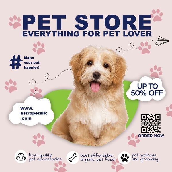 A square ad creative featuring a cute puppy, a clear 50% off discount offer, and a QR code for direct purchasing.