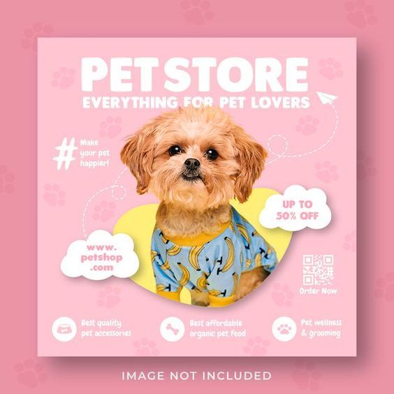 pet accessories, pet grooming supplies, dog apparel, organic pet food, pet wellness products, dog clothing, sale promotion, brand awareness, modern typography, lifestyle, playful, energetic, pink, yellow