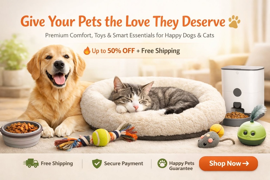 This static 3:2 ad creative showcases a variety of pet essentials including a dog, cat bed, smart feeder, and toys, positioned alongside a clear discount offer.
