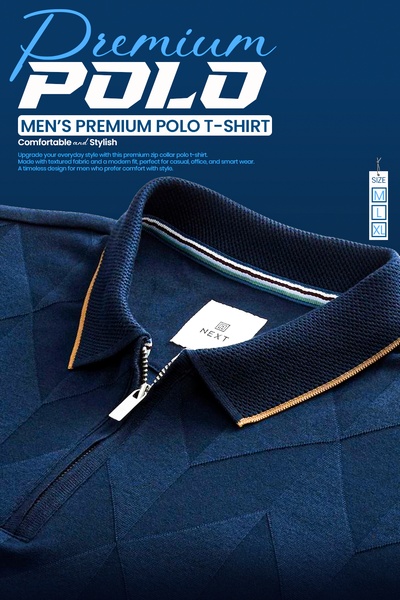 polo shirt, zip collar shirt, polo t-shirt, collared shirt, casual shirt, knit polo, new arrival, product launch, modern typography, editorial, bold, luxurious, blue, neutral