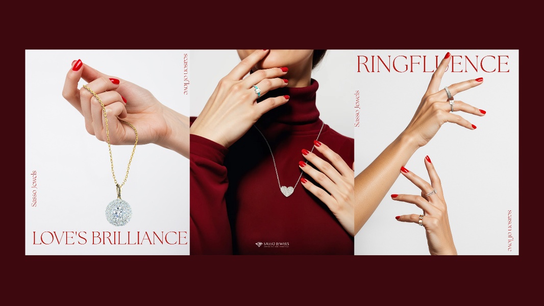 A refined, three-panel split-screen creative showcasing premium jewelry pieces on hands and necks against a rich dark background.