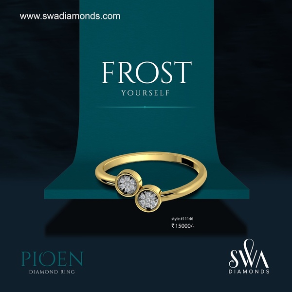 A high-end 1:1 square display ad showcasing a diamond ring on a minimalist, dark teal curved background.