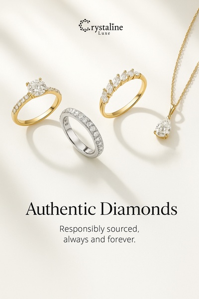 A high-end, minimalist display featuring three distinct ring styles and a diamond pendant necklace on a clean, light-toned surface.
