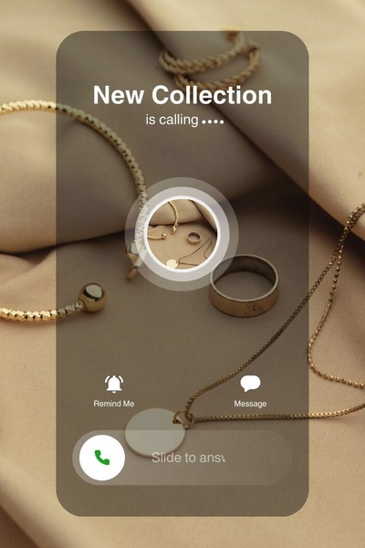 This creative mimics a smartphone incoming call screen to present a new jewelry collection as a high-priority notification.
