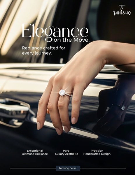 A close-up, high-end lifestyle shot of a hand wearing a diamond ring while resting on a luxury vehicle, emphasizing elegance and movement.