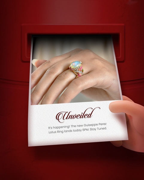 A high-end jewelry teaser ad using a mailbox and envelope graphic to announce a specific time for a new product release.