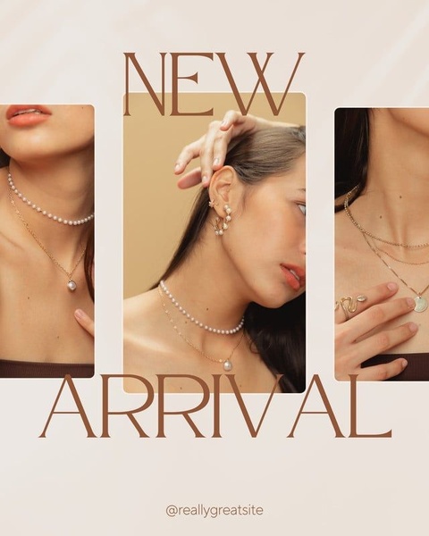 A high-end, multi-panel editorial style ad showcasing layered pearl necklaces and elegant gold jewelry on a neutral background.
