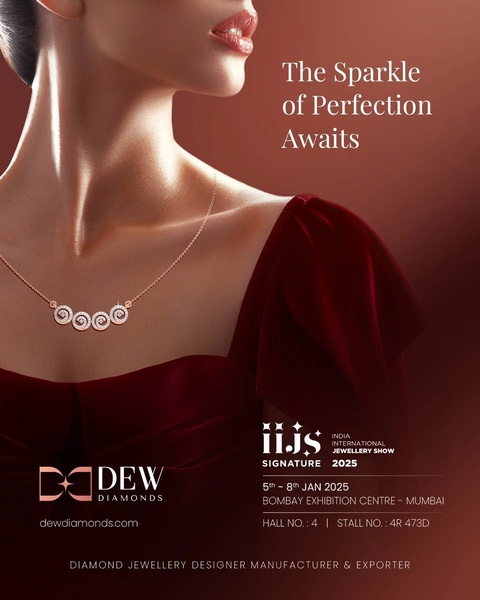 A high-end editorial shot featuring a model wearing a delicate diamond necklace against a deep red backdrop to announce an industry exhibition.