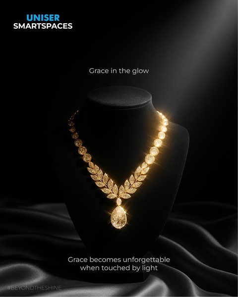 A high-end gold necklace displayed on a black mannequin, highlighted by dramatic, soft lighting to emphasize its luxurious texture and shine.