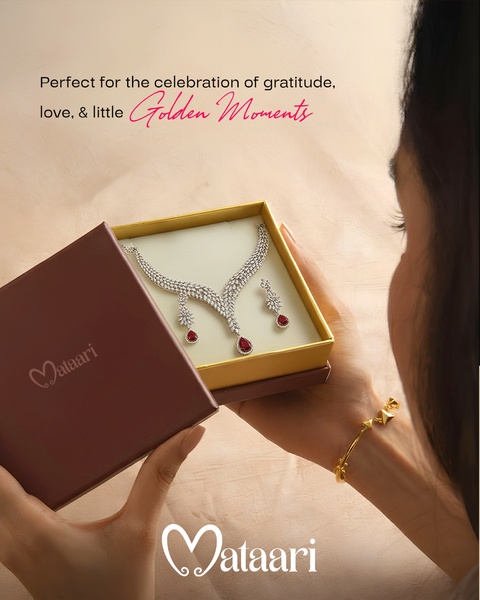 A top-down, intimate POV shot of a woman opening a gift box containing a crystal necklace set, emphasizing a luxury gifting experience.