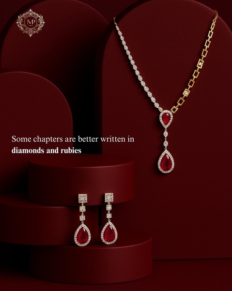 A high-end jewelry creative featuring a diamond and ruby necklace and earring set displayed against deep red architectural podiums.