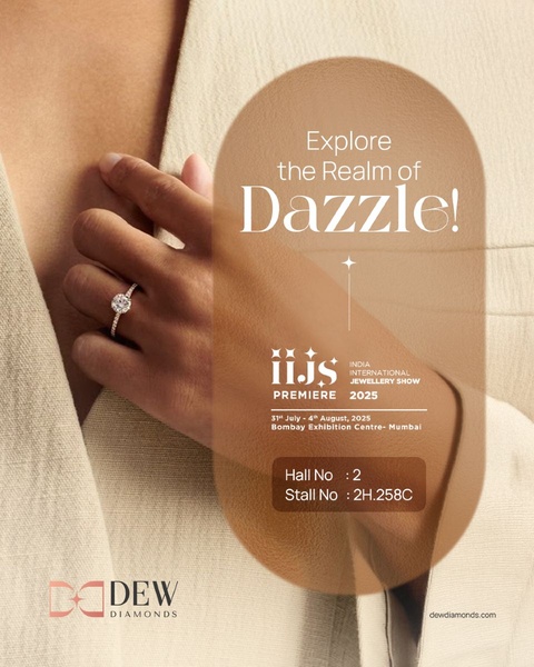 A high-end jewellery event invitation featuring a close-up shot of a diamond ring on a model with warm, neutral tones.
