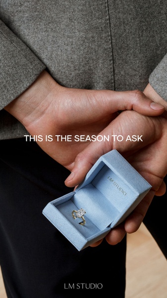 This creative uses a minimalist, lifestyle-focused shot of an engagement ring in a professional jewelry box to imply exclusivity and readiness for proposals.