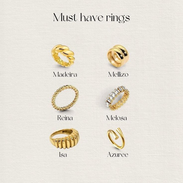 A clean, minimalist product catalog featuring six distinct gold-toned rings on a light, textured background.