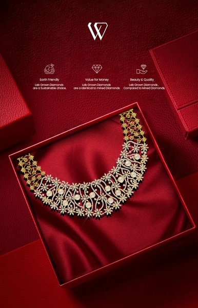 A high-end studio shot of a diamond and pearl necklace resting inside a premium red velvet jewelry box with floating benefit icons.