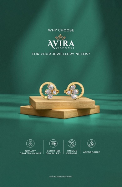 A high-end product display showcasing diamond earrings on wooden blocks against a deep green backdrop with brand value icons.