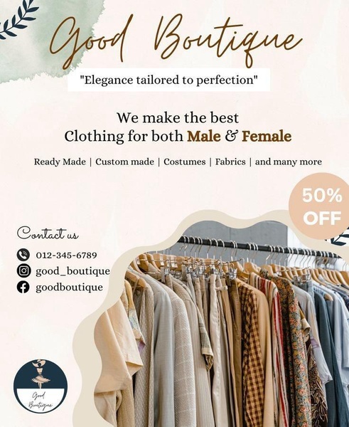 boutique clothing, custom made clothes, ready made clothing, fashion apparel, clothing store, costumes and fabrics, sale promotion, brand awareness, editorial, lifestyle, warm, luxurious, neutral, brown, orange