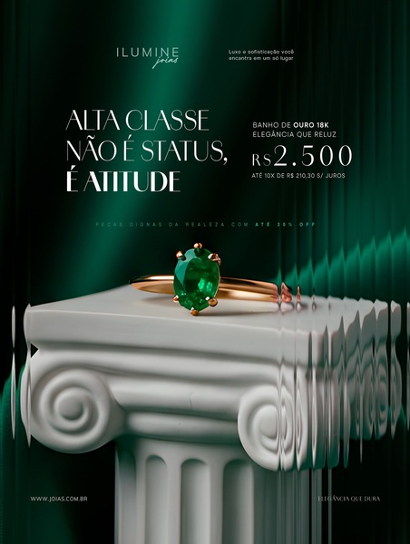 A high-end product display featuring a gold emerald ring on a Roman-style pedestal against a moody, deep-green draped background.