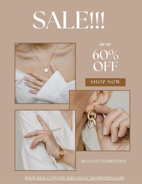 A clean, neutral-toned ad featuring a three-image collage of jewelry pieces, emphasizing a store-wide sale offer.