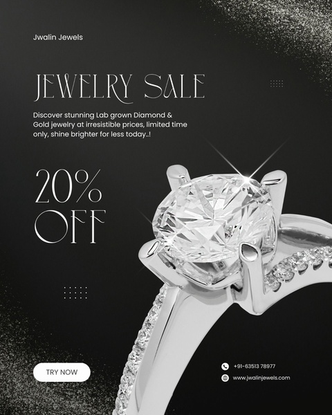A high-contrast advertisement for a diamond ring featuring a clean, minimalist design and a clear 20% off promotional offer.