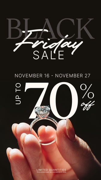 A high-contrast 9:16 vertical image featuring a luxury diamond ring held in a hand to promote a Black Friday sales event.