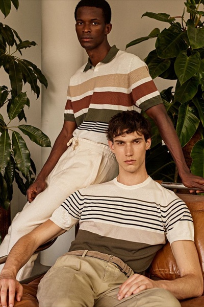 striped polo shirt, knit t-shirt, men's knit top, striped shirt, short sleeve shirt, brand awareness, lifestyle, editorial, calm, luxurious, brown, neutral