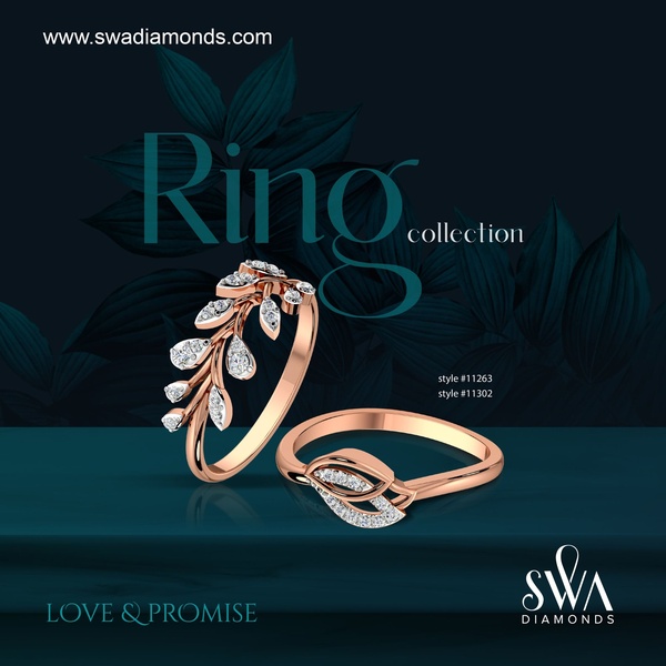 A high-end product hero shot featuring two diamond-studded rings on a dark, professional surface with a leaf-inspired theme.