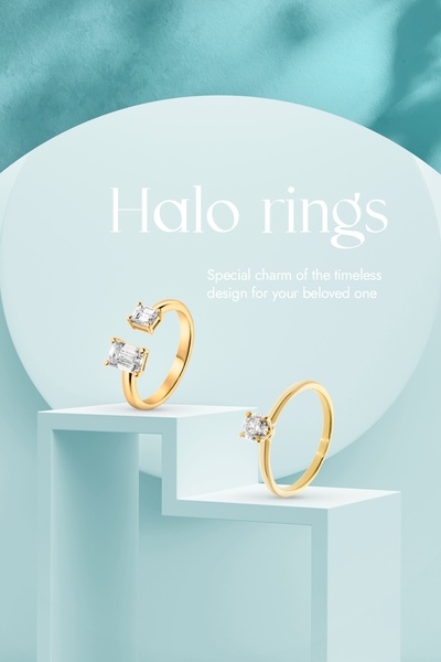 A premium jewelry advertisement featuring two elegant halo rings displayed on geometric pedestals against a soft, monochromatic blue background.
