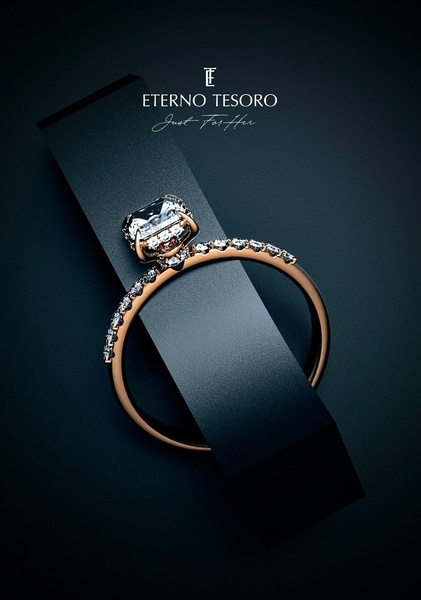 A high-end, minimalist advertisement featuring a single engagement ring displayed on a dark, matte surface to emphasize elegance and quality.