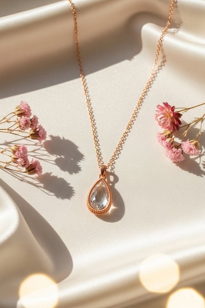 A high-end, minimalist studio shot of a teardrop pendant necklace displayed on soft, neutral silk fabric with delicate pink flower accents.