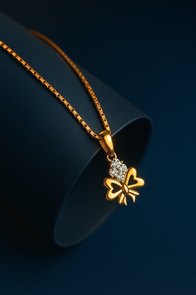 A high-end, clean product shot of a gold heart-shaped pendant with diamonds displayed against a deep navy blue, curved background to highlight luster and detail.