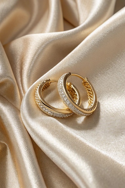 This creative features a pair of gold hoop earrings with pavé detailing, artfully arranged on a shimmering gold satin fabric to convey luxury and texture.