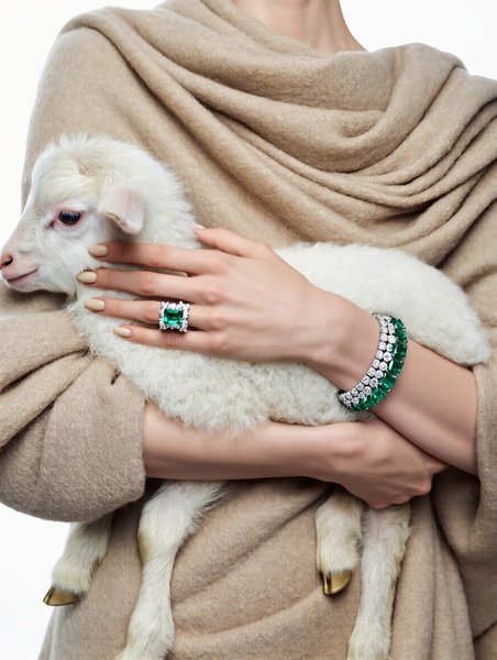 A high-end jewelry close-up featuring an emerald ring and matching bracelet held against a soft, neutral-toned goat, emphasizing a surreal and luxurious aesthetic.