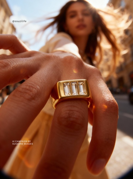 A close-up, first-person view of a hand reaching out while wearing a gold baguette ring, captured in natural, warm outdoor sunlight.