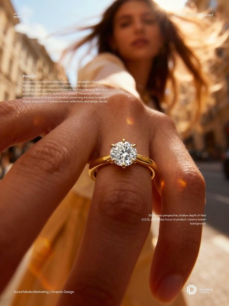 An extreme close-up of a hand wearing a classic gold engagement ring, featuring a shallow depth of field and soft, natural urban lighting.